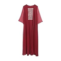 Cotton Splicing Silk Chinese Painting Print Dress Women's Red Dress Bell Sleeve Long Dress 2559