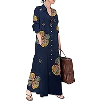 Women Cotton and Linen Shirt Dress Casual Loose Floral Print Button Maxi Dresses with Pockets