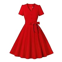 Clasic Hepburn A-Line Dress for Women 1950 Retro Short Sleeve V Neck Cocktail Dress Bow Belted Elegant Swing Dresses