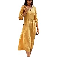 Women 3/4 Sleeve Casual Cotton Linen A-Line Dresses with Pockets Summer Comfy Loose Solid Midi Dress for Going Out