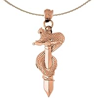 3-D Cobra Snake Wrapped Around Sword Necklace | 14K Rose Gold 3D Cobra Snake Wrapped Around Sword Pendant with 18