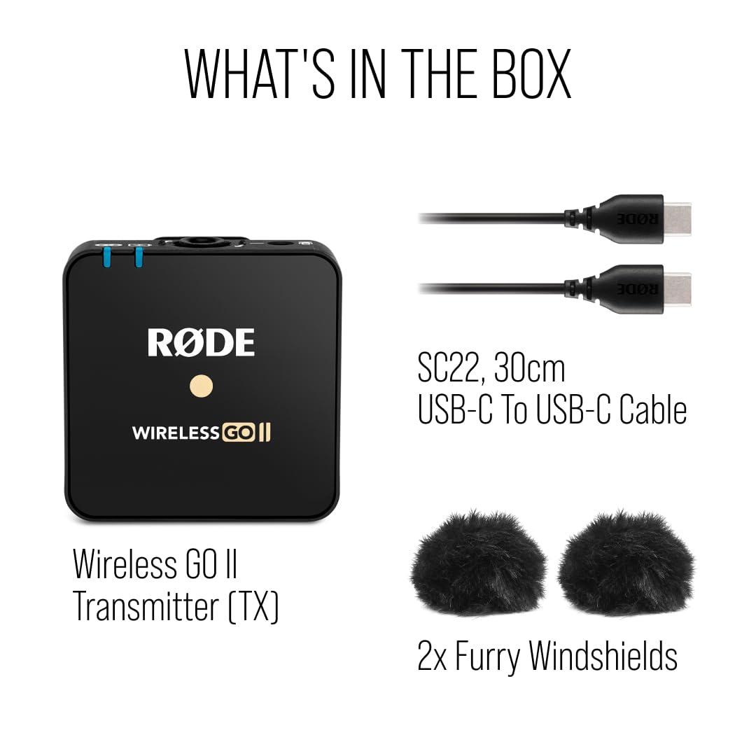 RØDE Wireless GO II TX Ultra-compact Wireless Transmitter with Built-in Microphone, On-board Recording and up to 200m Range for Filmmaking, Interviews and Content Creation (Transmitter Only)