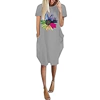Summer Dresses for Women 2022 Short Sleeve O Neck Print Tunic Dresses Plus Size Casual Tshirt Dress with Pockets