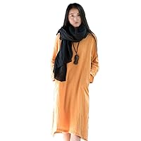 Women Summer Style Solid Color Linen Long Dress Girl Casual Loose Robe Dresses