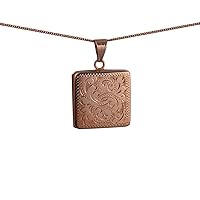British Jewellery Workshops 9ct Rose Gold 22mm square hand engraved flat Locket with a 1mm wide curb Chain