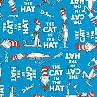 Kaufman The Cat In The Hat Book Cover Turquoise, Fabric by the Yard