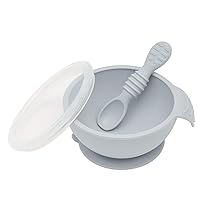 Bumkins Baby Bowl, Silicone Feeding Set with Suction for Baby and Toddler, Includes Spoon and Lid, First Feeding Set, Training Essentials for Baby Led Weaning for Babies 4 Months Up, Gray