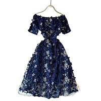 Women Vintage Blue Midi Dress Slash Neck Embroidery Floral Short Sleeve Dresses Sexy Club Evening Party Dress XL 100 Cm Length