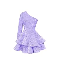 One Shoulder Short Sequin Homecoming Dresses for Teens Sparkly Layered Long Sleeve Cocktail Gown U016