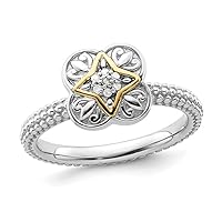 Sterling Silver Flower Ring with Accent Diamonds