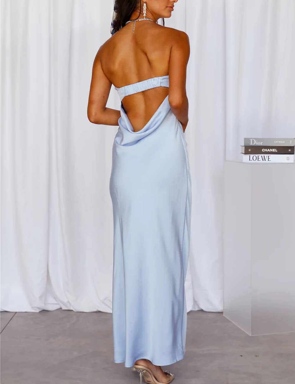 Realtix Satin Silk Backless Tube Tops Maxi Dress for Women Low Back Hollow Out Elegant Strapless Long Dresses Wedding Guest