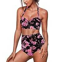 Damask Flower Women 2PCS Swimsuits Cartoon Cat Paw Halter Bikini Hawaii Pineapple High Waist Pleated Bathing Suits