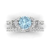 Clara Pucci 2.72ct Round cut Solitaire 3 stone Natural Aquamarine Engagement Promise Anniversary Bridal Ring Band set 18K White Gold