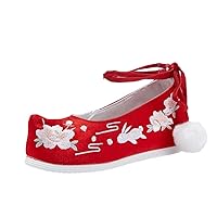 Cocked Toe Ancient Style Women Cotton Fabric Shoes Ankle Strap Embroidery Dancing Shoe Ladies Pumps Red Cotton Fabric 8