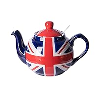 Ceramic 2 Cup (600ml) Infuser Teapot with Removable Mesh Filter, Hand Painted Union Jack Limited Edition
