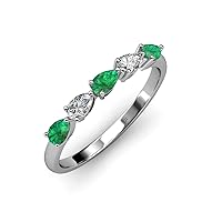 Pear (5x3 mm) Emerald & Lab Grown Diamond 1 ctw 5 Stone Women Wedding Band Stackable 14K Gold