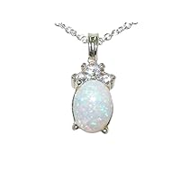 Solid 925 Sterling Silver Natural Opal & Diamond Pendant & Chain (0.18 cttw, H-I Color, I2-I3 Clarity)