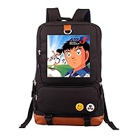 Captain Tsubasa Anime Laptop Backpack Book Bag Work Bag Leather Splicing Rucksack with Pinback Buttons Black /1
