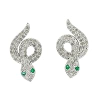 IND CREATION JEWELRY 0.60Ct Round Cut Created White Diamond & Emerald Snake Push Back Stud Earring 14k White Gold Finish 925 Sterling Silver