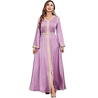 HAN HONG Muslim Abaya Dubai Turkey Dress for Women Moroccan Tape Trim Full Sleeve V-Neck Robe Belted Clothing