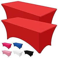 PLULON 2Pack 6FT Red Tablecloth Rectangular Fitted Stretch Table Cover Washable Spandex Tablecloth Table Protector for Patio Picnic Wedding Birthday Banquet Baby Shower Christmas Party Table Décor