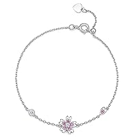S925 Sterling Silver Sakura Bracelet Fashion Petal Pink Zircon Adjustable Bohemian Bracelet Jewelry Gift for Women Christmas,thanksgiving,Silver
