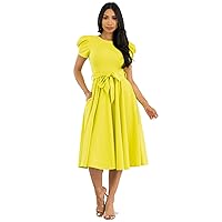 Women's Plain Puff Sleeve Midi Cocktail Pockets for Party, Formal and Casual Dresses