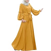 Women's Muslim Kaftan Abaya Dress Long Sleeve Self Tie Maxi Dress Middle East Arabian Robe Gown Solid Tunic Dresses