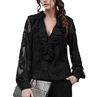 Red Floral Lace Tops Women Loose Plus Size Spring Long Sleeve V-Neck Ruffles Blouses Casual All-Match Clothing