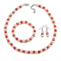 Avalaya 8mm/Red Glass Bead and White Faux Pearl Necklace/Flex Bracelet/Drop Earrings Set - 43cm L/4cm Ext