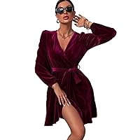 Women's Dress Dresses for Women Surplice Neck Lantern Sleeve Belted Velvet Dress (Color : Burgundy, Size : Large)