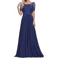 Lace Appliques Mother of The Bride Dresses Chiffon Long Formal Evening Dress Short Sleeves Dresses for Women