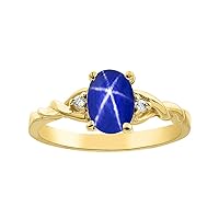 Rylos Rings For Women 14K Yellow Gold - Diamond & Blue Star Sapphire Ring Solitaire 7X5MM Color Stone Gemstone Jewelry For Women Gold Rings