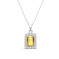 Emerald Cut Citrine Round Diamond 3/4 ctw Womens Halo Pendant Necklace 16 Inches Chain 14K Gold