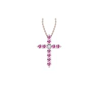 14k Rose Gold timeless cross pendant set with 10 resilient pink sapphires (1/4 ct, AA Quality) encompassing 1 round white diamond, (.035 ct, H-I Color, I1 Clarity), hanging on a 18