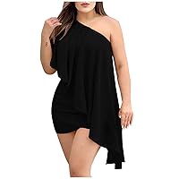 Women's Elegant Square Neck Lantern One Ruffle Mini Pleated-Piece Dress Stretchy Mesh Slim Party Dresses, S-2XL