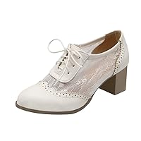Womens Stacked Chunky Heels Brogues Oxford Block Heel Lace Up Pumps Wingtip Dress Shoes(White,US Size 9)
