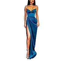 Women's High Slit Satin Prom Dresses Spaghetti Straps V-Neck Evening Gown