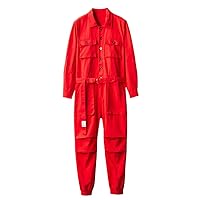 Men Jumpsuit waist belt Long Sleeve Red Hop Rompers Casual Cargo Pants Loose -Pockets Overalls Work Overall