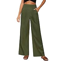 Womens Linen Palazzo Pants Elastic High Waisted Wide Leg Loose Fit Cozy Lounge Trousers Dressy Casual Work Pants