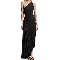 Molisry Women Satin One Shoulder Maxi Dress 2023 Sexy Pleated Wedding Party Dress Waist Hollow Out Prom Dress