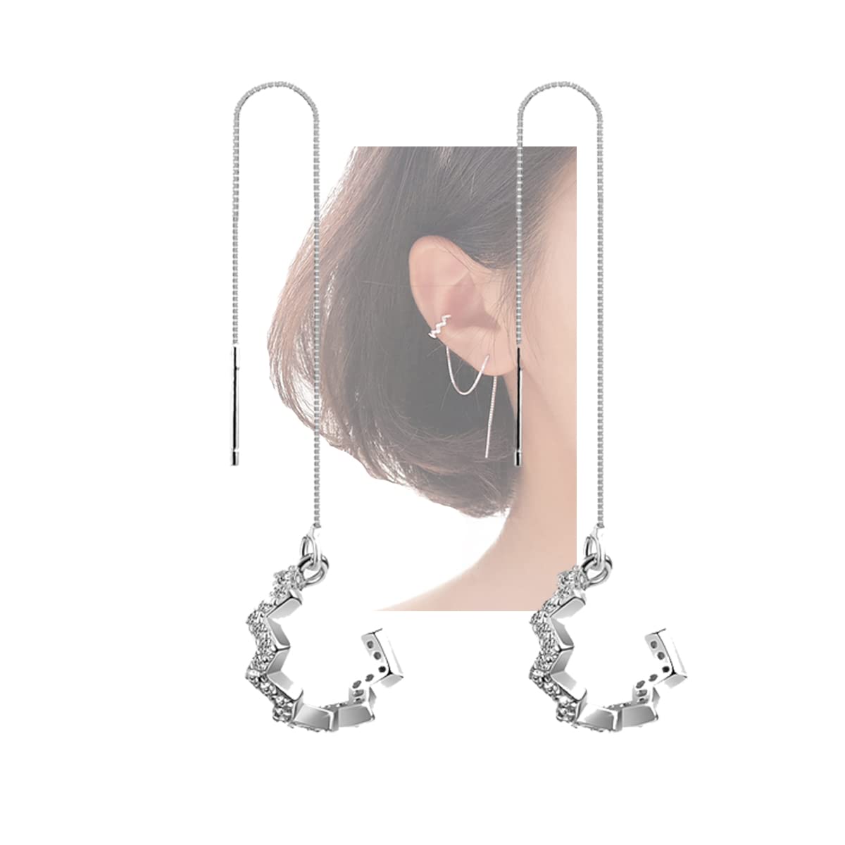SLUYNZ 925 Sterling Silver Wave Cuff Earrings Wrap Tassel Earrings for Women Teen Girls Dangle Earrings Threader Chain