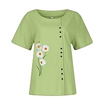 Womens Casual Short Sleeve Cotton Linen Tops Button Decoration Round Neck Summer Print Solid Crop Top T-Shirt