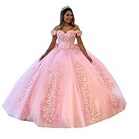 3D Floral Flower Ball Gown Quinceanera Prom Dresses Pink Puffy Big Bows Lace Tulle Off Shoulder Sweet 15 Dress