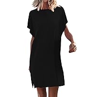 XJYIOEWT Plus Size Beach Dress,Womens Summer Short Sleeve T Shirt Dress Casual Loose Slit Beach Mini Dress Tunic Top Lon