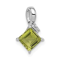 925 Sterling Silver Polished Prong set Open back Rhodium Plated Diamond and Peridot Square Pendant Necklace Jewelry for Women