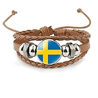 Sweden Flag Leather Bracelet - Creative Woven Sweden Flag Adjustable Wristband, Women Men Flag Paracord Handmade Braided Bracelet Couple Flag Gifts