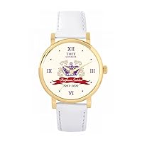 Queen's Platinum Jubilee Crown Watch 2022 for Women, Analogue Display, Japanese Quartz Movement Watch with White Leather Strap, Custom Made