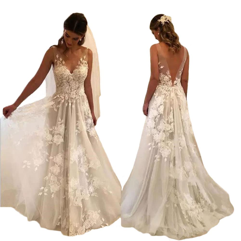 Tsbridal Women Wedding Dresses A-line V-Neck Tulle Lace Backless Boho Wedding Gown Bridal Dresses