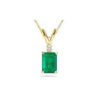 May Birthstone - Natural Emerald Cut Diamond Accented Emerald Solitaire Pendant in 14k Yellow Gold From 5x3MM - 8x6MM